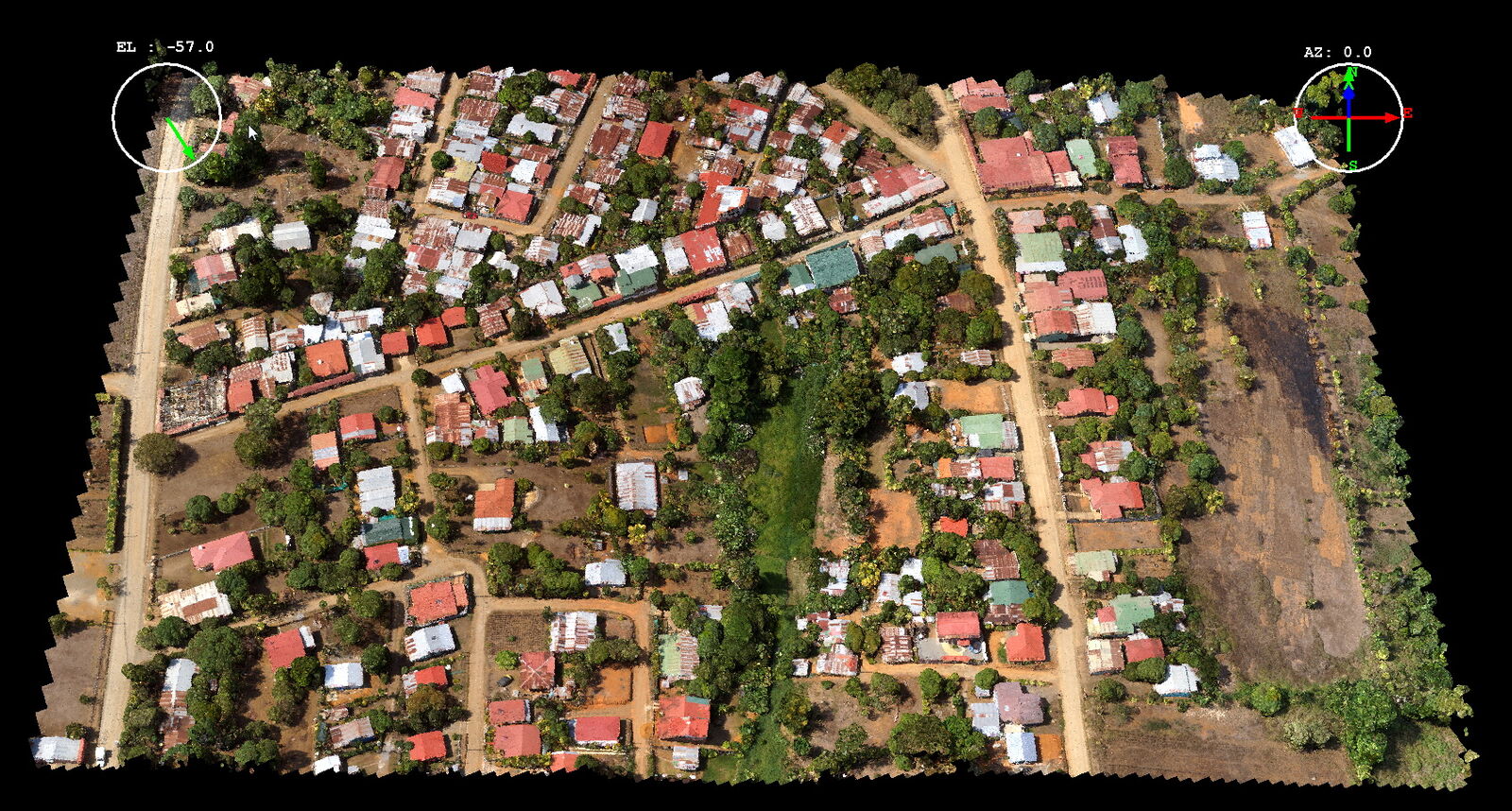 Nube de puntos coloreada de un barrio, vista en tres dimensiones