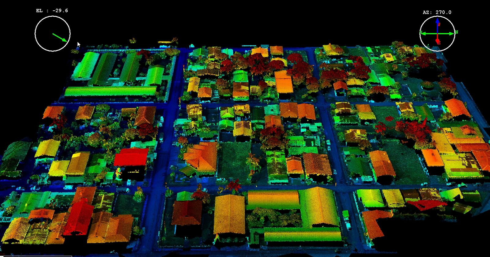 Nube de puntos LiDAR de un área urbana coloreada por elevación