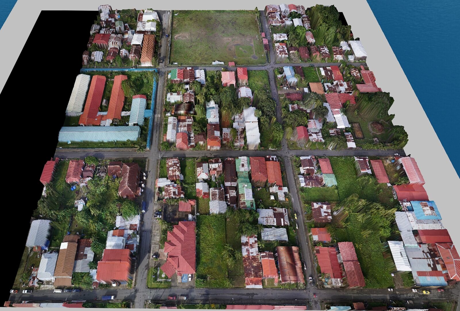 Ortomosaico de un área urbana representado en tres dimensiones