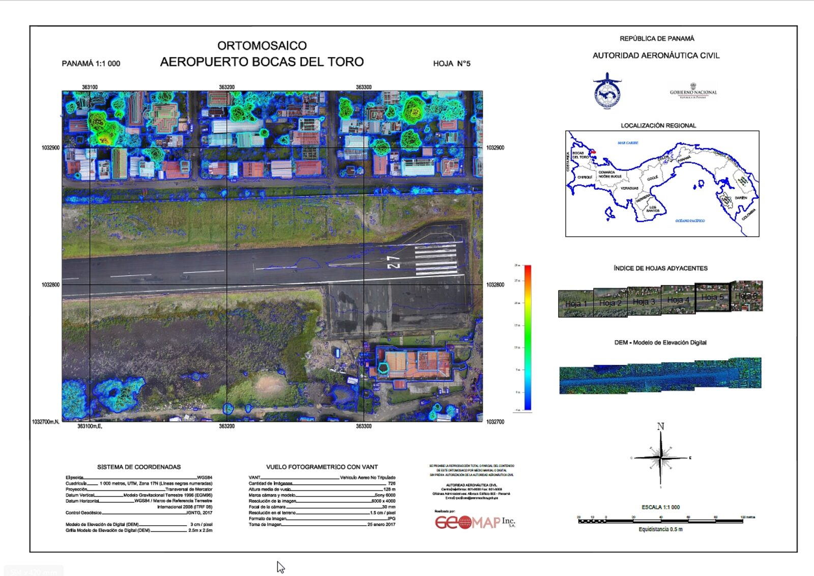 Hoja de plano cartográfico con ortomosaico, grilla de coordenadas y cuadro de referencias
